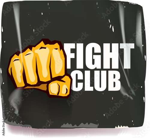fight club vector grey sticker with logo and orange man fist isolated on white background. MMA Mixed martial arts concept banner and poster design template. Fight club grunge label, icon design
