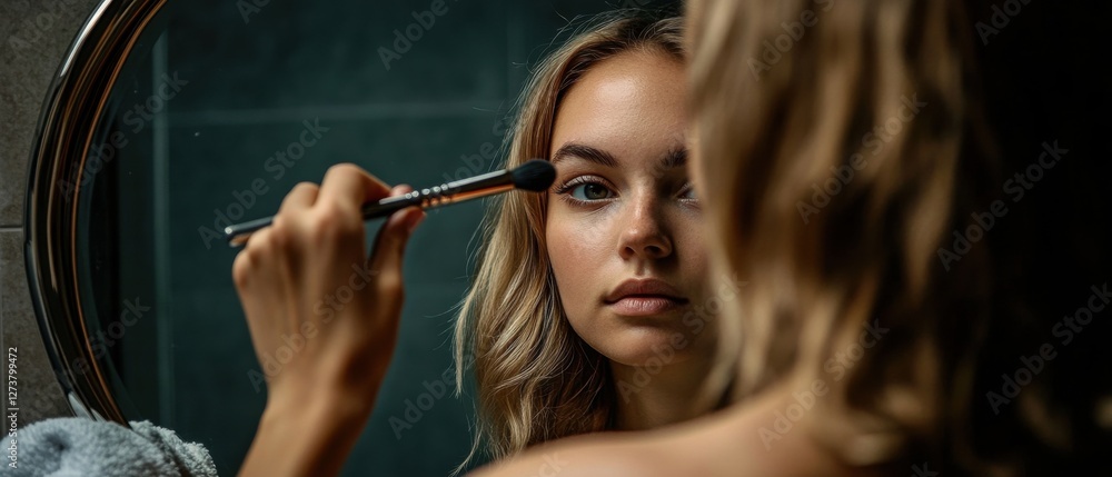 Obraz premium [Close-up woman applying makeup daily] Intense Makeup Application Close-up: Woman's Hands at Work