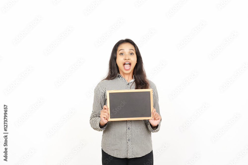 Smiling Woman Holding Chalkboard in Studio Of Beautiful Asian Woman Isolated On White Background Smiling Woman Holding Chalkboard in Studio Of Beautiful Asian Woman Isolated On White Background