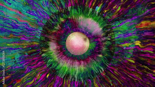 Close-up of a human iris with psychedelic multicolored patterns