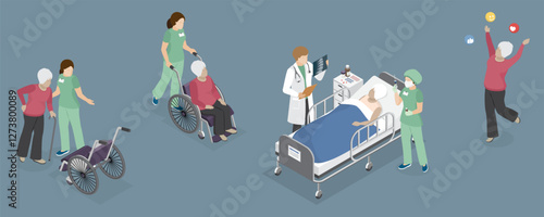 Elderly woman with back pain. Old lady uses a wheelchair. Female patient on medical bed in the care of medical personnel. Senior woman rejoices after recovery. 3d isometric flat illustration.