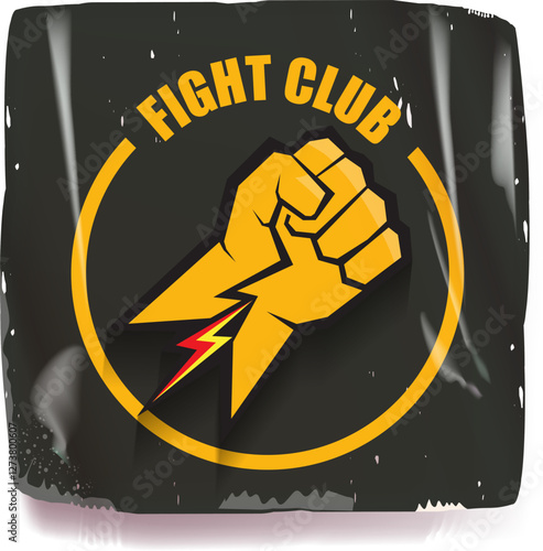 fight club vector grey sticker with logo and orange man fist isolated on white background. MMA Mixed martial arts concept banner and poster design template. Fight club grunge label, icon design