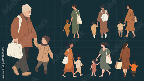 Family walking together illustration, isolated vector set