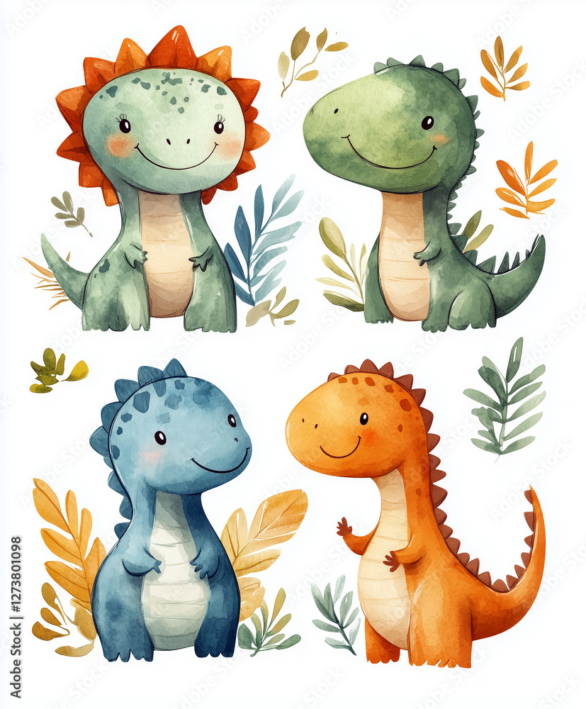 Obraz premium Four Adorable Watercolor Dinosaurs with Tropical Leaves