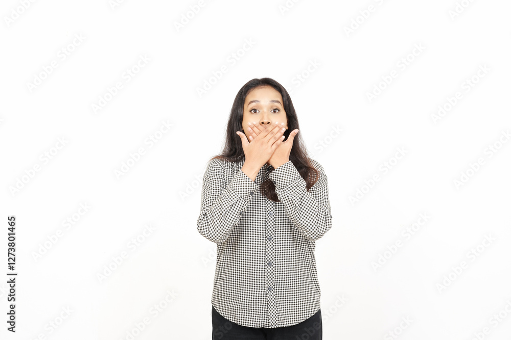 Covering mouth with surprised face Of Beautiful Asian Woman Isolated On White Background Covering mouth with surprised face Of Beautiful Asian Woman Isolated On White Background