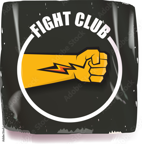 fight club vector grey sticker with logo and orange man fist isolated on white background. MMA Mixed martial arts concept banner and poster design template. Fight club grunge label, icon design