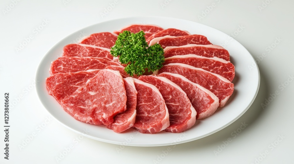 A high-definition image of a steak cut into slices, revealing its juicy interior, arranged neatly on a white plate with a clean, white background. A high-definition image of a steak cut into slices, revealing its juicy interior, arranged neatly on a white plate with a clean, white background.