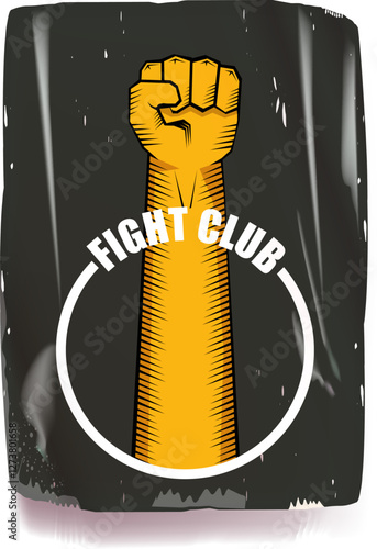 fight club vector grey sticker with logo and orange man fist isolated on white background. MMA Mixed martial arts concept banner and poster design template. Fight club grunge label, icon design