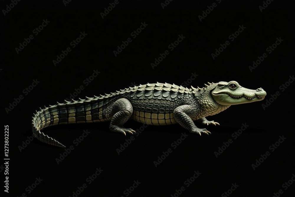Naklejka premium A juvenile crocodilian reptile, meticulously detailed, is presented against a stark black background, showcasing its scaled texture and powerful stance.