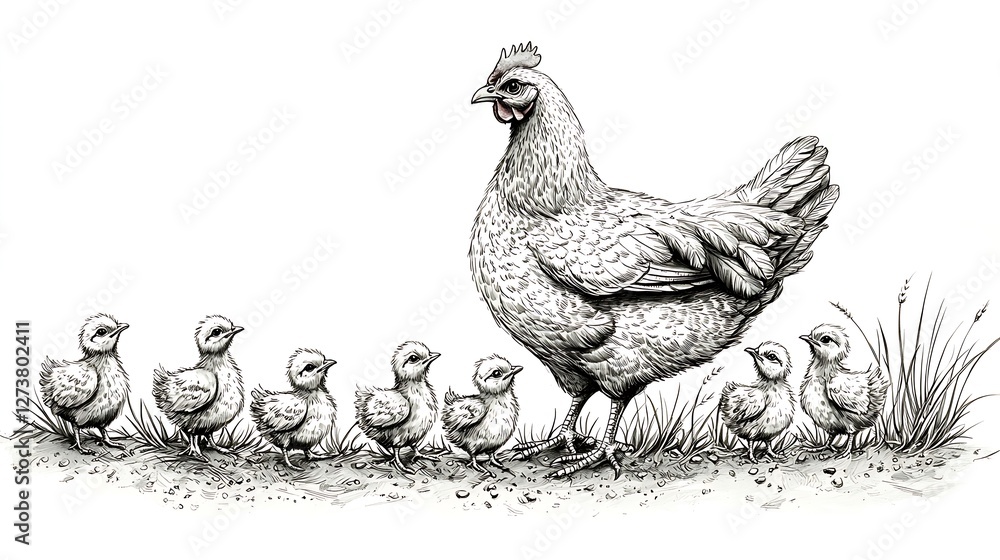 Fototapeta premium Pen and ink drawing, a mother hen surrounded by chicks in a grassy field, detailed feather patterns on each bird, blades of grass illustrated with fine stippling, a textured earth beneath their feet
