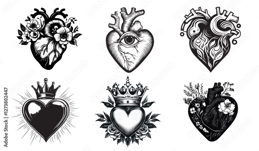 Fototapeta premium Vintage heart tattoo designs collection isolated illustration, vector set