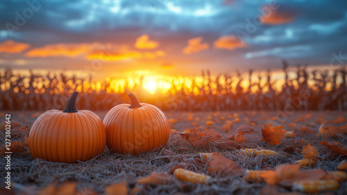 festive harvest scene featuring pumpkins at sunset, surrounded by autumn leaves and corn. warm colors evoke sense of seasonal celebration and tranquility