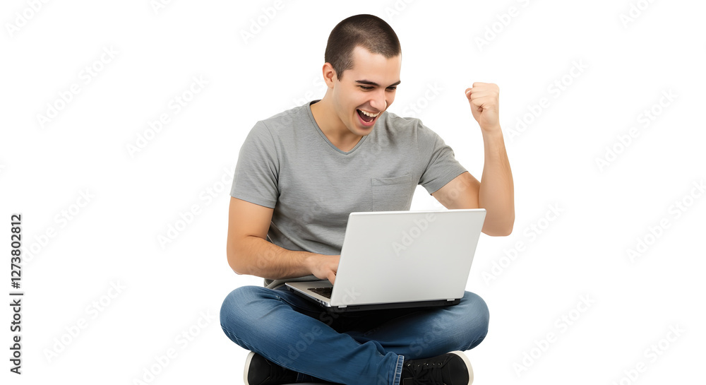 Happy young man sitting cross-legged on the floor with a laptop, cheering with one hand raised, isolated on white background.
Happy young man sitting cross-legged on the floor with a laptop, cheering with one hand raised, isolated on white background.