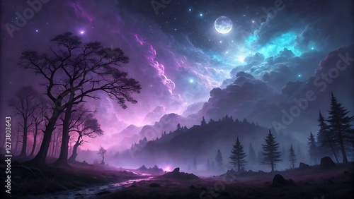 Dark Fantasy Night Sky with Glowing Purple and Blue Mist mesmerizing and otherworldly night sky shrouded in deep purples and ethereal blues, creating a mystical and enchanting atmosphere. photo