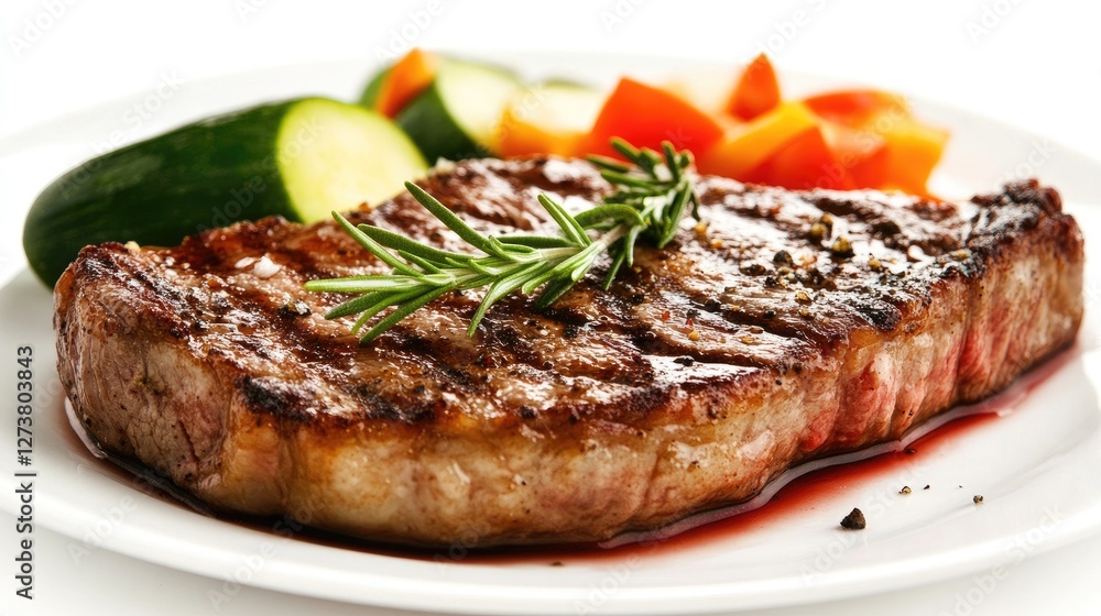 A perfectly cooked steak served on a pristine white plate, with a side of fresh vegetables and a sprig of rosemary, set against a clean, white background. A perfectly cooked steak served on a pristine white plate, with a side of fresh vegetables and a sprig of rosemary, set against a clean, white background.