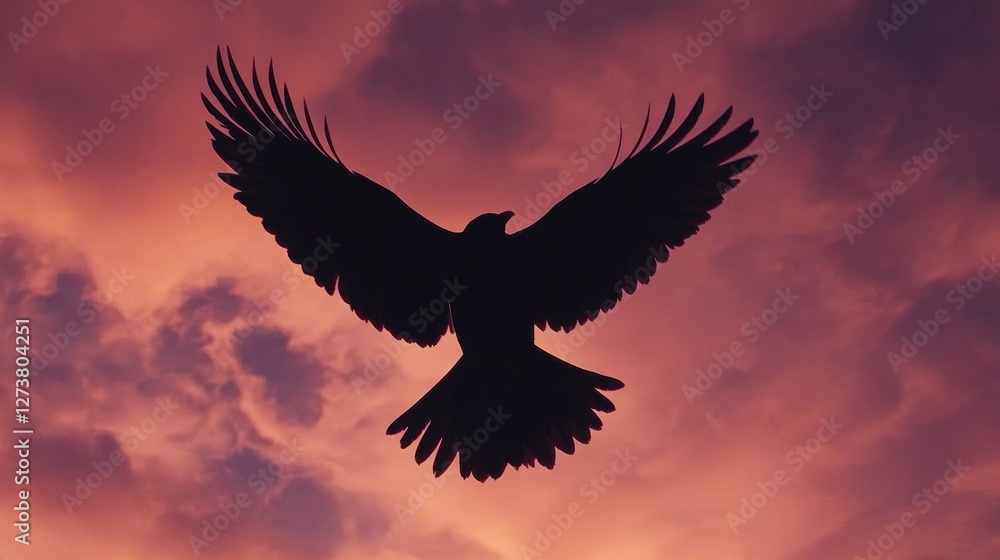 Fototapeta premium A powerful image of a bird in flight, captured as a silhouette against a dramatic sunset sky, highlighting the wingspan and motion of the bird.