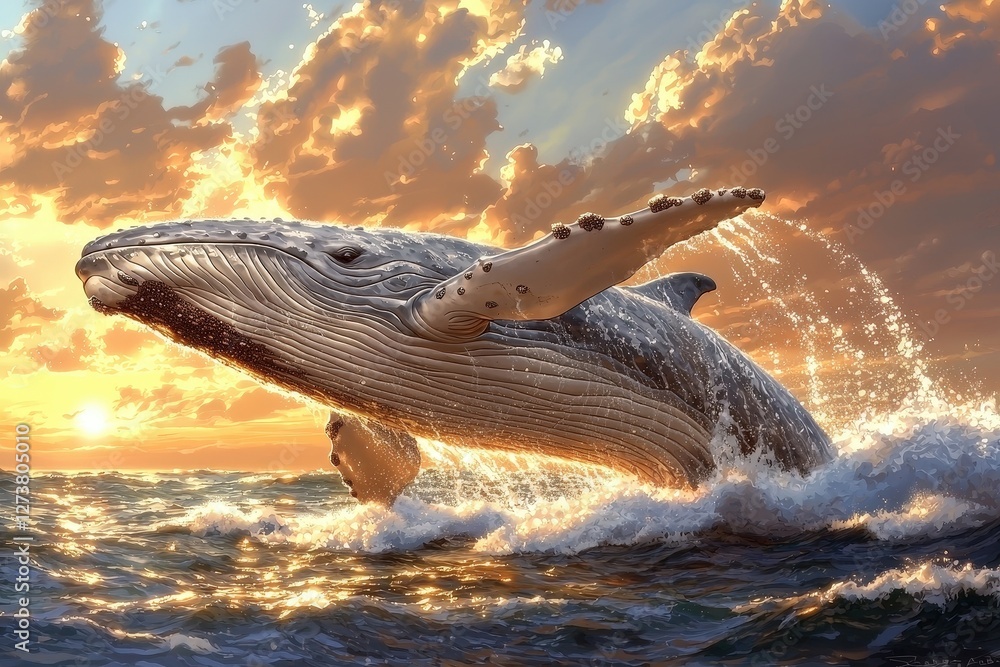 Obraz premium Majestic whale jumping out of the water against a clear blue sky and vibrant ocean