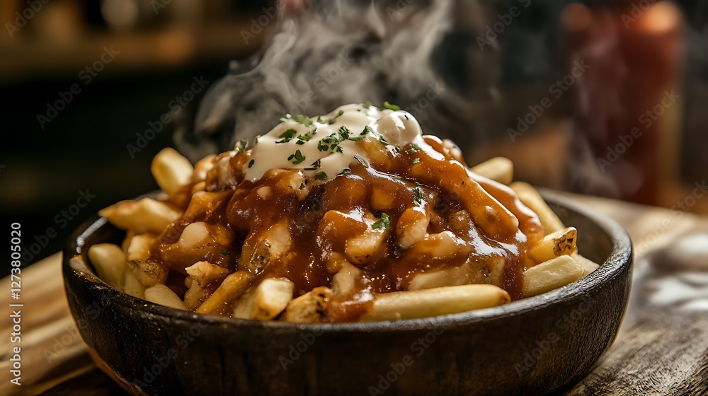 Hot Poutine Fries with Gravy and Cheese Curds in Bowl Hot Poutine Fries with Gravy and Cheese Curds in Bowl