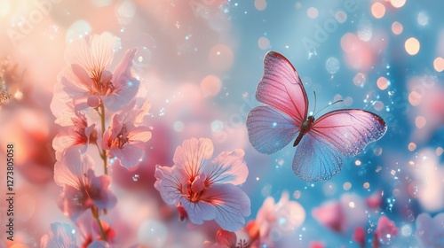 Sparkling butterflies rest on delicate flowers in a dreamy pastel scene, radiating elegance, magic, and serenity.