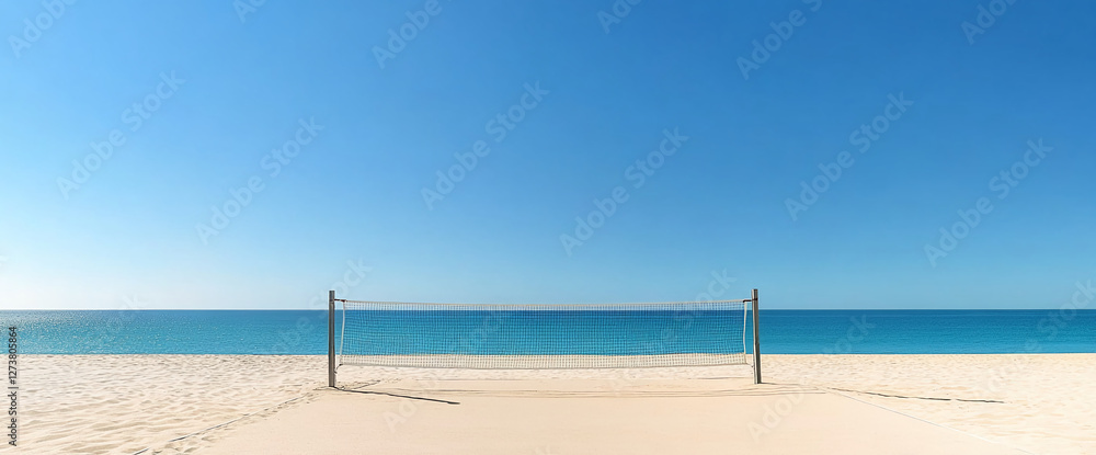 Beach volleyball net standing on a deserted sandy beach by the ocean with a clear blue sky, symbolizing a tranquil vacation, sports, and outdoor leisure activities. Beach volleyball net standing on a deserted sandy beach by the ocean with a clear blue sky, symbolizing a tranquil vacation, sports, and outdoor leisure activities.