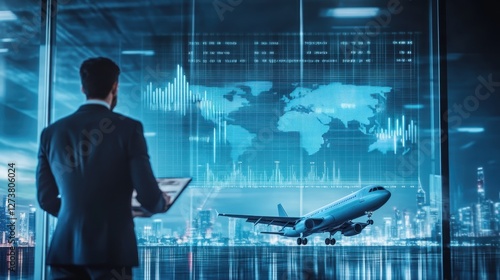 A corporate setting showing profitable aviation transport strategies, with executives analyzing charts and graphs, airplanes taking off in the background, clean and success-oriented design