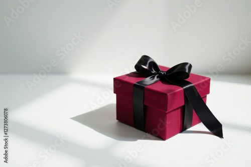 A Crimson Gift Box Adorned with a Black Ribbon, Bathed in Sunlight on a Pristine Surface