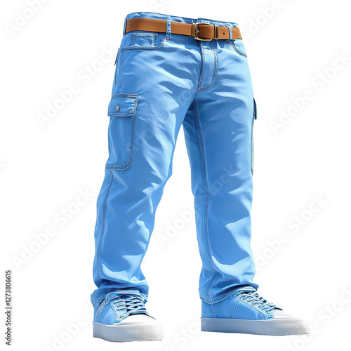 3D illustration of blue pants with belt isolated on transparent background.png