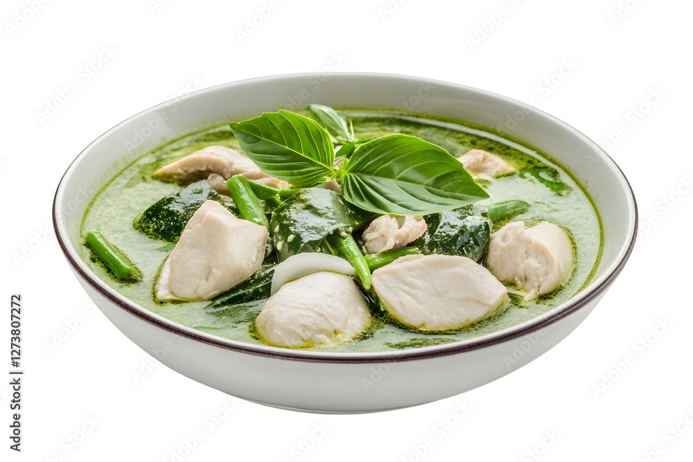 Chicken green curry with coconut shoots Isolated on white background. Chicken green curry with coconut shoots Isolated on white background.