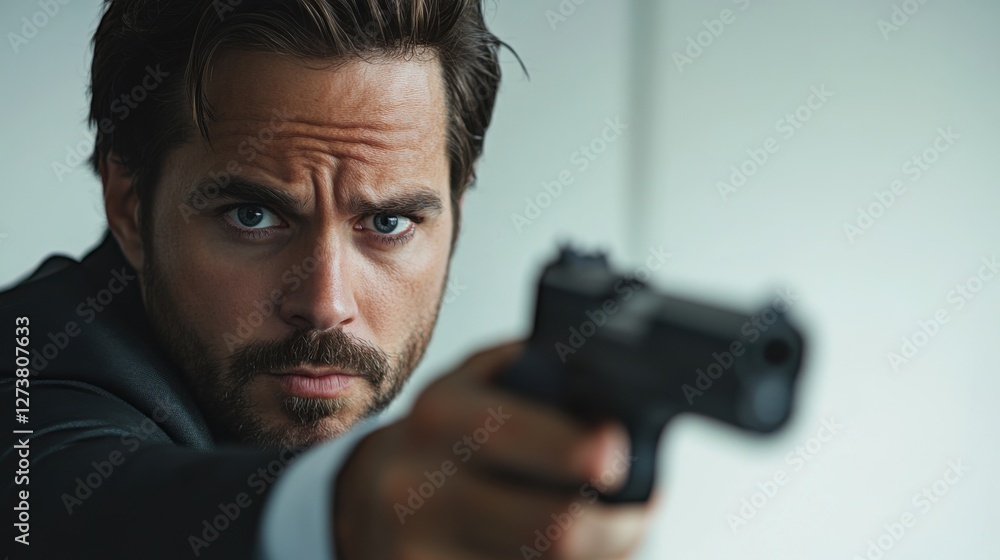 Detective holding a gun during a stakeout. Featuring action and investigation Detective holding a gun during a stakeout. Featuring action and investigation
