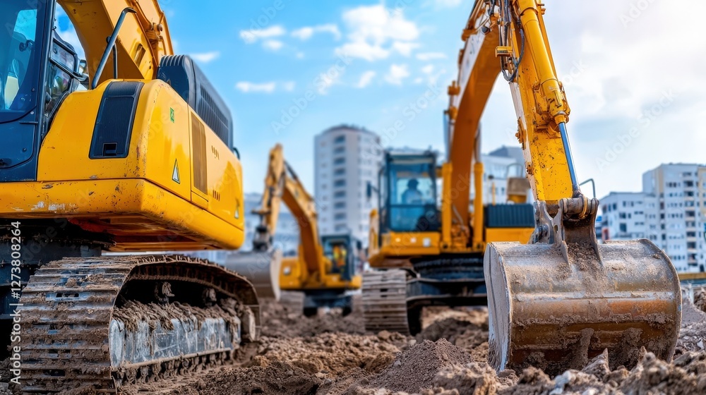 Construction site with excavators working on soil, showcasing heavy machinery against a backdrop of buildings and blue skies. Construction site with excavators working on soil, showcasing heavy machinery against a backdrop of buildings and blue skies.
