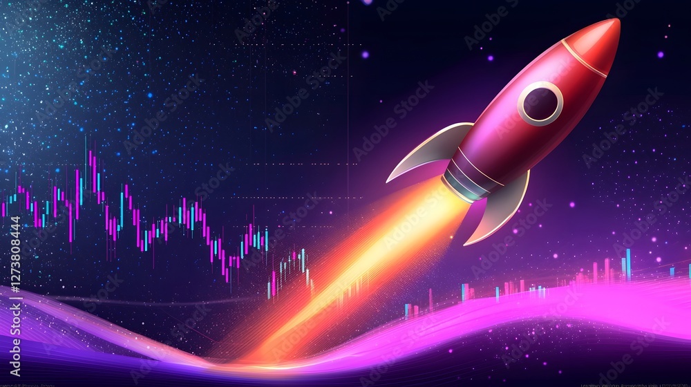 Naklejka premium Rocket Powered Financial Growth and Startup Success Depicted on Digital Market Graph with Futuristic Complementary Color Scheme in Modern Office Setting