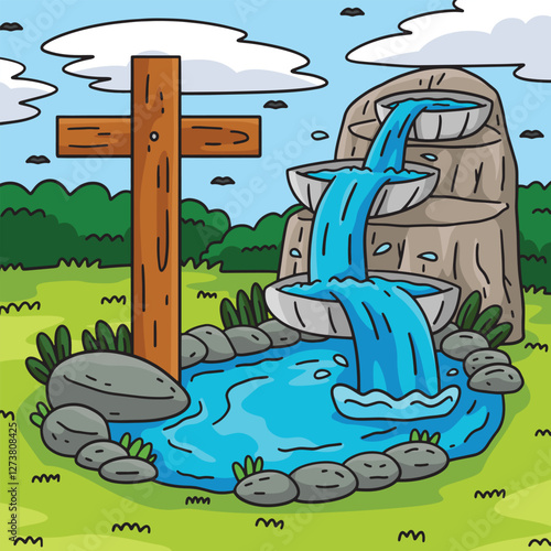 Baptism Fountain and Cross Colored Cartoon 