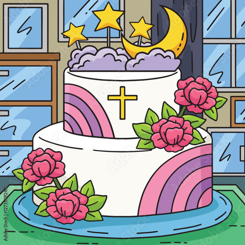 Baptism Cake Colored Cartoon Illustration 