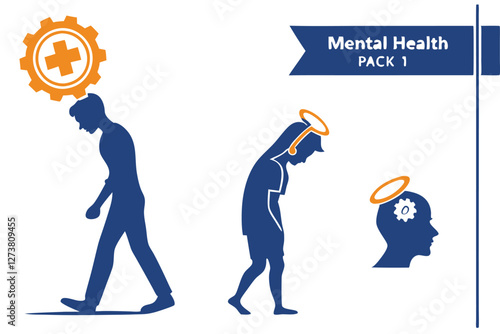  A collection of 24 mental health icons on a white background, each with a blue silhouette of a person and an orange symbol representing different mental health concepts. The icons include depressio