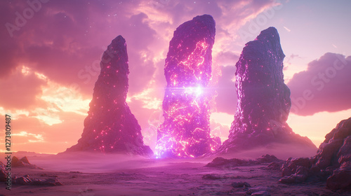 Mysterious Alien Artefacts, Misty Ethereal Glowing Monolith - AI Generated