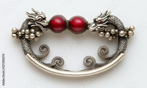 Ornate silver brooch featuring two dragon motifs and red beads, set against a plain background