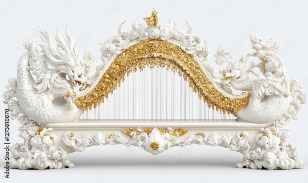 Fototapeta premium Ornate white and gold harp adorned with dragon motifs, set against a plain background