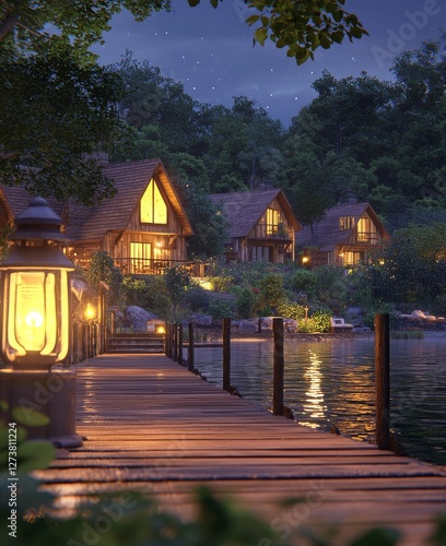 The warm glow of a lantern shines down on a rustic wooden dock with a lake view photo