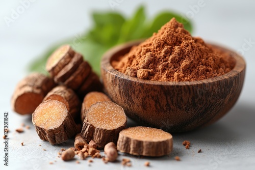 An inviting bowl filled with rich cocoa powder placed on a rustic wooden table