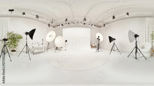This 3D illustration showcases a sleek, minimalist studio bathed in radiant light, with a fully immersive 360-degree panorama and support for HDRI and VR environments