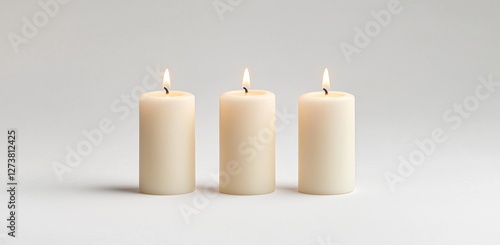 Wallpaper Mural Soft light and hazy shadows isolate three white wax candles positioned on a table, creating a warm and subtle lighting effect Torontodigital.ca