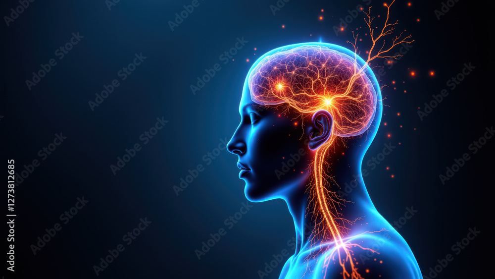 A visual representation of VNS or Vagus Nerve Stimulation using an illustration of a human head with highlighted brain activity and nerve pathways. A visual representation of VNS or Vagus Nerve Stimulation using an illustration of a human head with highlighted brain activity and nerve pathways.