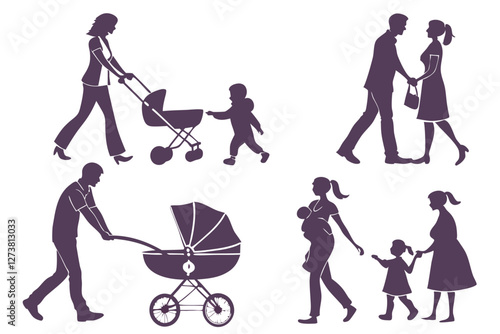  A collection of 25 solid icons depicting various family-related themes, including a couple holding hands, a couple with a baby, a couple with a stroller, a couple with a baby carriage, a couple wit