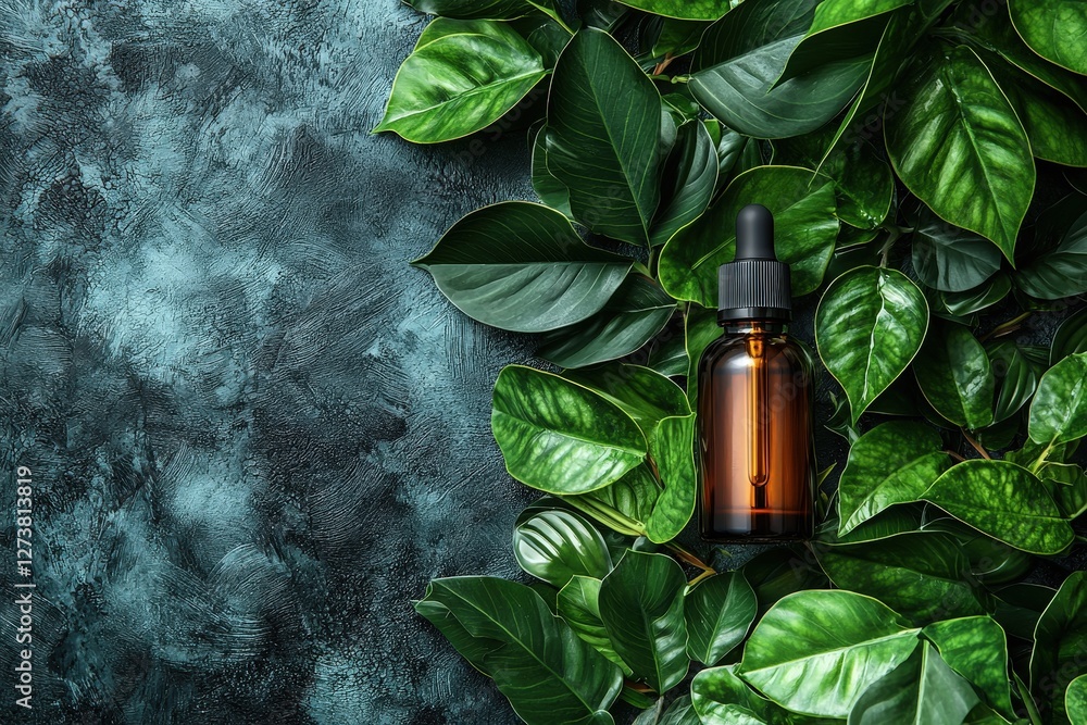 Elegant bottle of essential oil surrounded by fresh green leaves for wellness vibes Elegant bottle of essential oil surrounded by fresh green leaves for wellness vibes