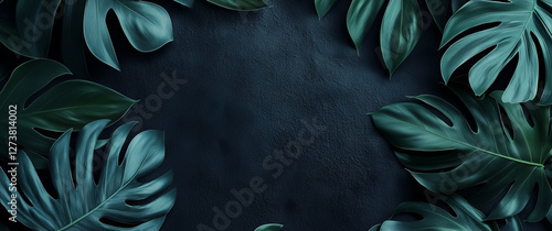 Tropical Green Leaves on Dark Textured Background