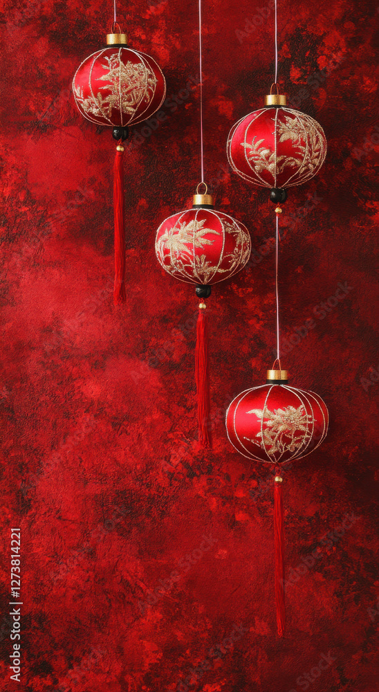 Red decorative lanterns hanging against textured red background, creating festive atmosphere. intricate designs and tassels add elegance and charm to scene Red decorative lanterns hanging against textured red background, creating festive atmosphere. intricate designs and tassels add elegance and charm to scene