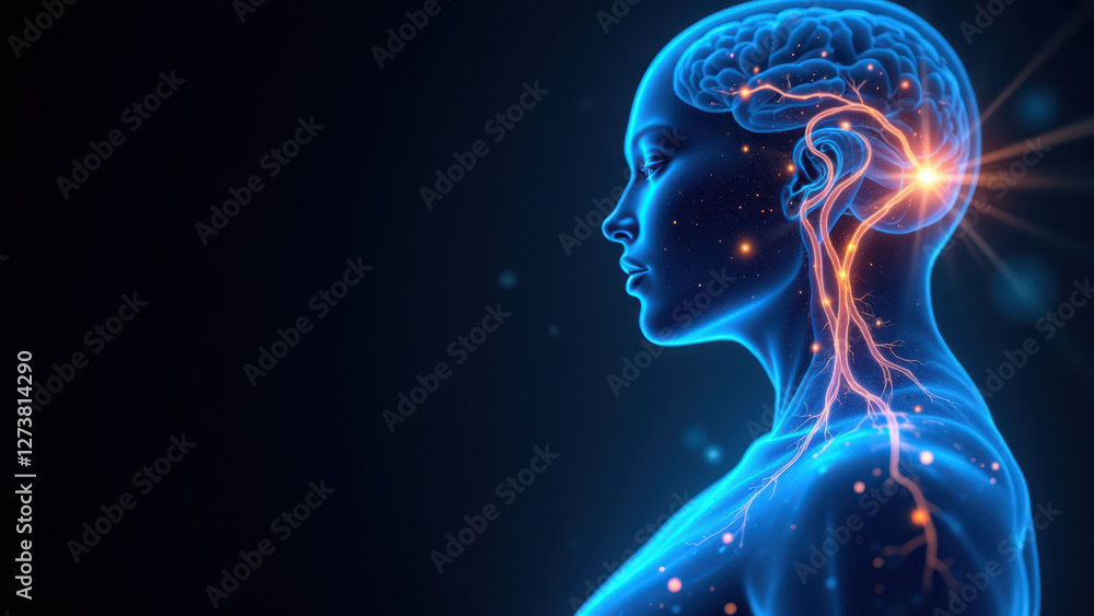 Vagus Nerve Stimulation illustrated with human torso filled with glowing blue energy lines emanating from the brain. Vagus Nerve Stimulation illustrated with human torso filled with glowing blue energy lines emanating from the brain.