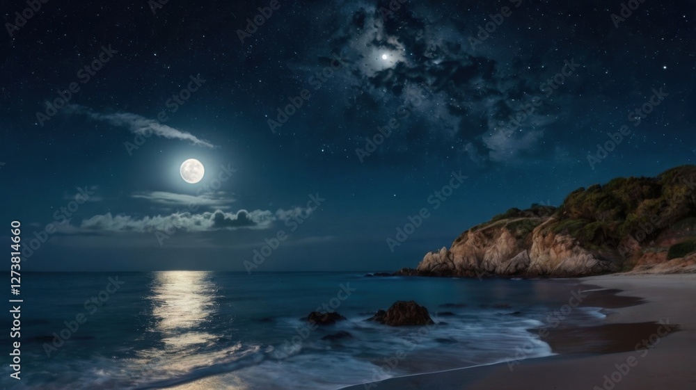 Fototapeta premium A mesmerizing night ocean scene under a glowing full moon and a sky filled with sparkling stars. Gentle waves reflect the moonlight, creating a peaceful and dreamy atmosphere.