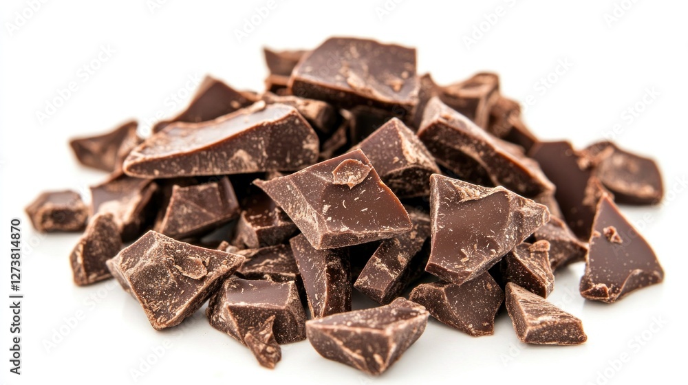 Dark chocolate chunks isolated on white background, food photography for recipes or packaging Dark chocolate chunks isolated on white background, food photography for recipes or packaging