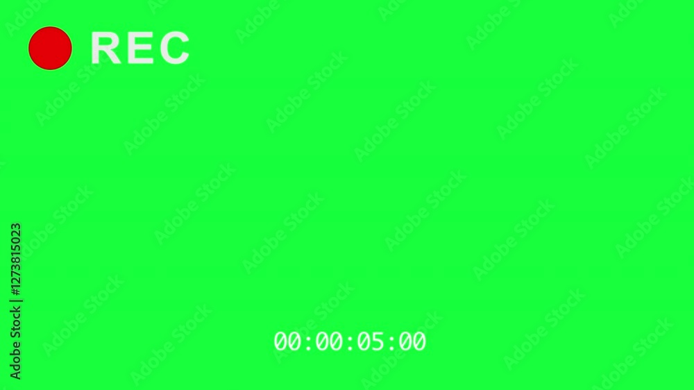 Video recording camera screen. Video recording template on green background. Recording with red flashing circle. Frame with video surveillance interface.